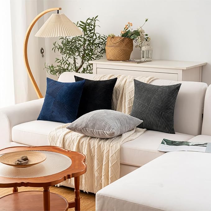 Decorative Throw Pillow Covers 18x18 Inch Set of 4 for Boho Living Room Farmhouse Home Decor, Spring Pillow Covers for Couch Bed, Soft Corduroy Striped Patchwork Cushion Cases, Cool Colors