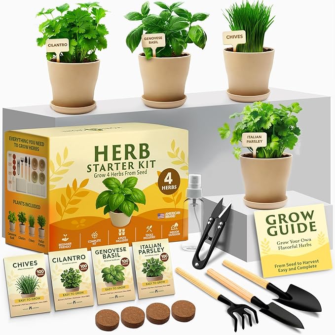 HOME GROWN Indoor Herb Garden Kit – Unique Christmas Gift for Adults, Men, & Women - Grow 4 Heirloom Herb Seeds for Kitchen Window Garden – Beginner DIY Craft & Hobby Gardening Gift for Plant Lovers