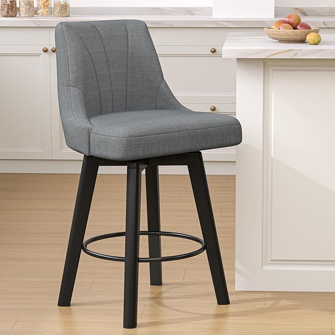 Counter Height Swivel Bar Stool, 24" Upholstered Fabric Barstools, Counter Stool Chair with Back & Solid Wood Legs for Kitchen Island Dining Room (Dark Gray)
