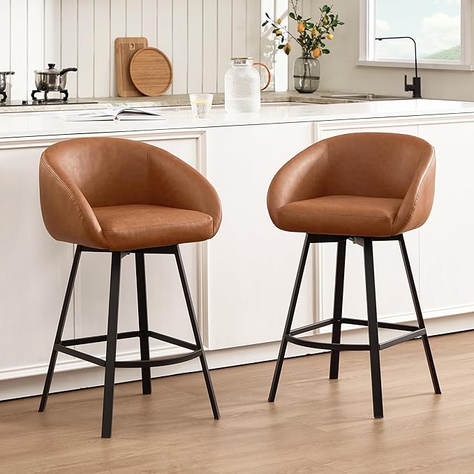 Zesthouse Swivel Counter Height Stools Set of 4, Modern Barrel Bar Stools for Kitchen Island, 26" Upholstered Kitchen Counter Height Barstools with Barrel Arms & Back, Brown Faux Leather Bar Chairs