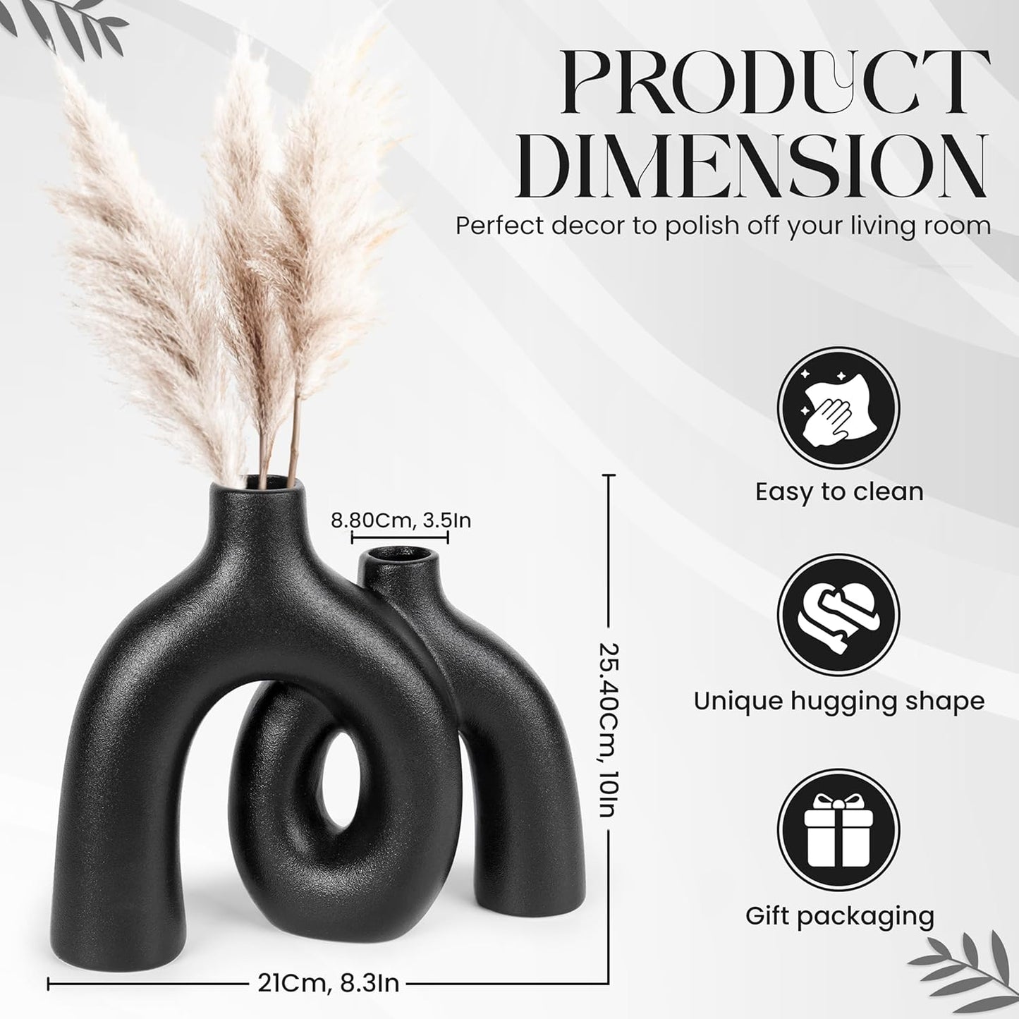 Ceramic Hug Vase (Deep Black) Modern Donut Style Hugging Vases for Flowers Minimalist Decor – Hollow Ceramic Waterproof Home Decor Vases for Living Room, Bed Room, Book Shelf, Entryway Table.