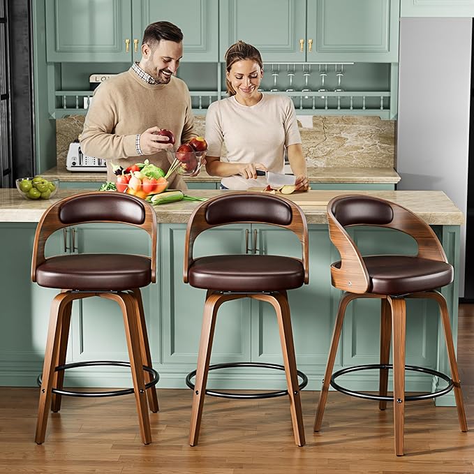 Bar Stools Set of 1, 26" Counter Height Barstools with Bentwood Legs, Swivel Counter Stools with Back, Mid Century Modern Faux Leather Upholstered Bar Chairs for Kitchen Island, Brown