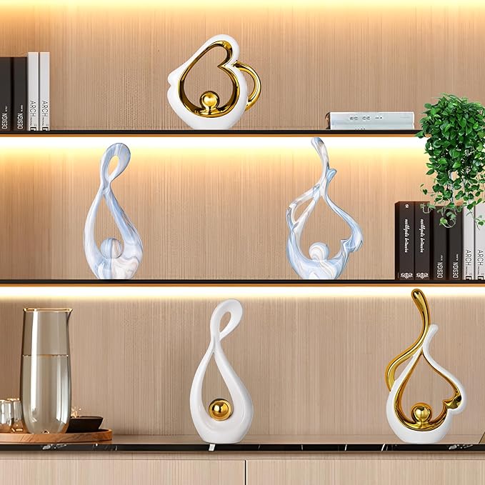Modern Sculpture Home Decor, White Statue Decor for Living Room, Gold Ceramic Decor Accessories, Abstract Art Dining Room Table Centerpiece