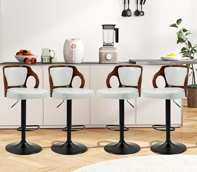 ECOTOUGE Swivel Bar Stools Set of 4, Height Adjustable Bentwood Island Stools, Modern Counter Height Bar Stools, Faux Leather Counter Stools with Back & Footrest, White