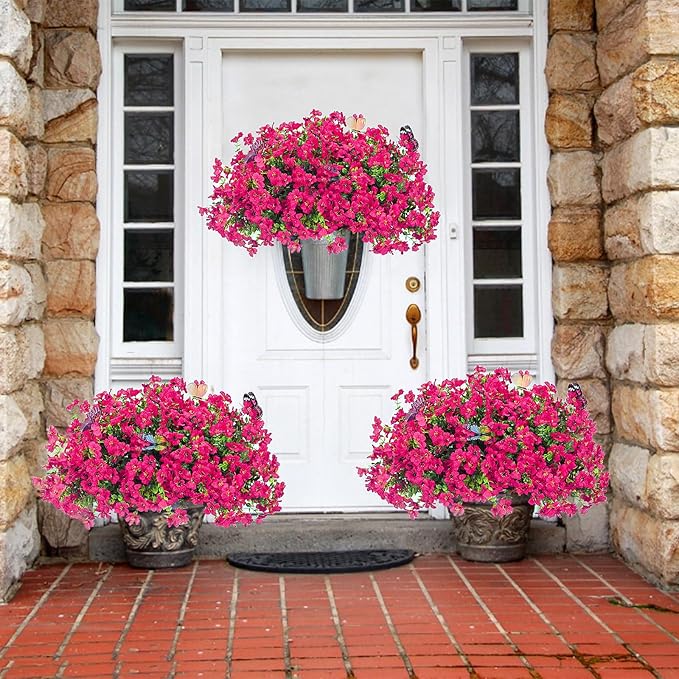 ‌20 Bundles Artificial Flowers for Outdoors‌ with 6 Faux Butterflies, UV Resistant ‌Fake Flowers‌ with Eucalyptus Leaves, ‌Artificial Plants Outdoor‌ for Patio Garden Porch Home Decor (Rose Red)