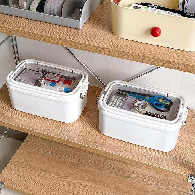 Large Pen Organizer with Lid, White Desk Accessories Storage Box for Home Office Organization, Plastic Crafts Case with Handle for Marker, Pencils, Stationery, Greeting Cards, Envelopes