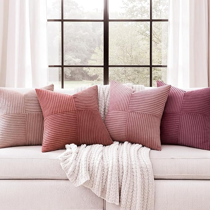 MIULEE Pink Throw Pillow Covers 16x16 Inch Set of 4 Boho Farmhouse Cushion Cases Decorative Gradient Pillow Cases Corduroy Striped Home Decor for Couch Sofa Living Room Bed