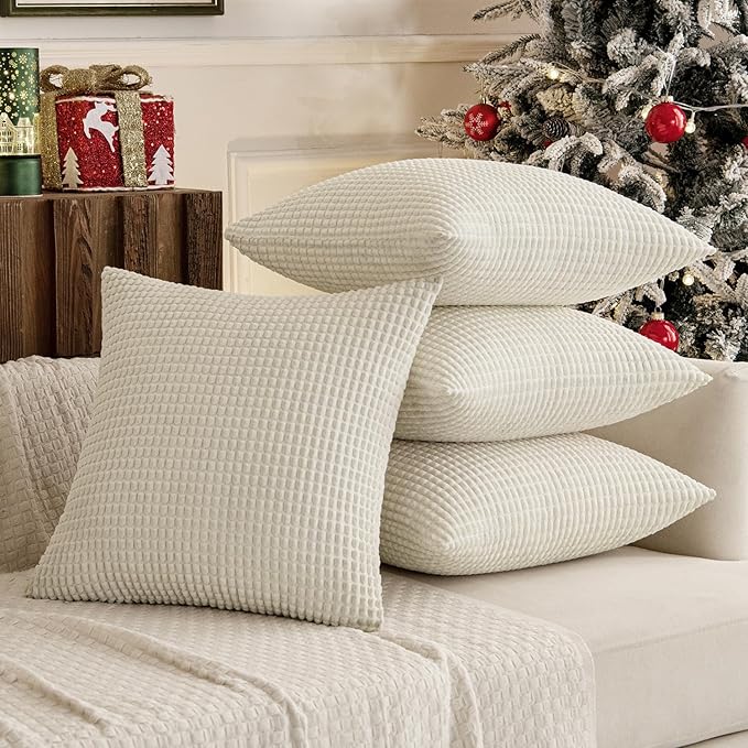 MIULEE Boho Farmhouse Throw Pillow Covers 18x18 Inch Set of 4 Soft Neutral Pillow Covers Cream White Corduroy Couch Pillowcases Home Decor for Sofa Living Room Bed