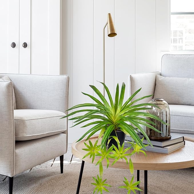 Fake Hanging Plant, Faux Spider Plant in Pot Artificial Grass Plants Faux Chlorophytum Comosum Potted Plants for Home Office Table Shelf Desk Kitchen Bathroom Bedroom Decor Green