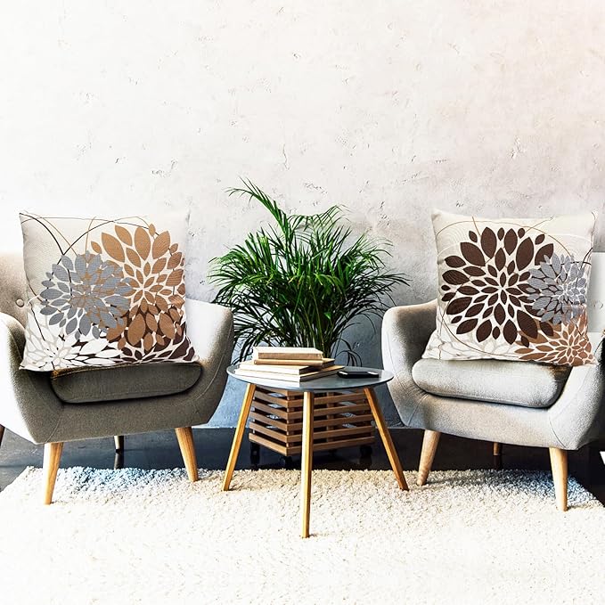 Coffee Brown Decorative Throw Pillow Covers 18x18 Inch Pillow Covers for Couch Living Room Bed Outdoor.Modern Sofa Throw Pillow Cover.Farmhouse Geometric Floral Linen Square Pillow Case.Set of 2