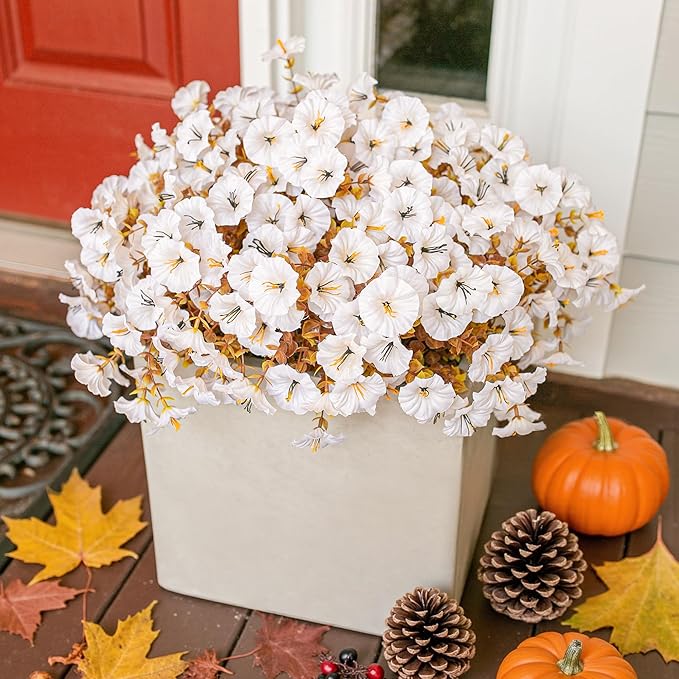 Fake Mums Fall Artificial Flowers Plants for Outdoors Autumn Decoration, 12 Bundles White Silk Morning Glory with Eucalyptus Realistic UV Resistant Faux Flowers for Outside Planter Yard Garden Porch