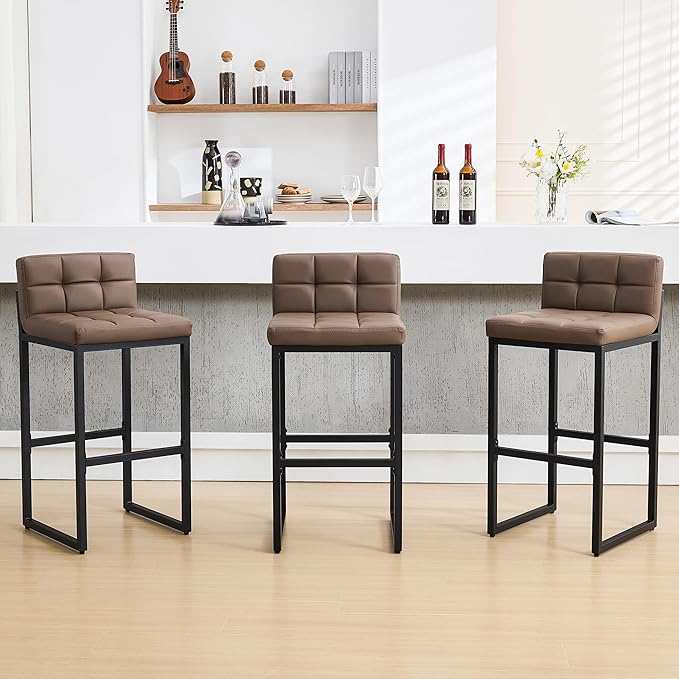 Set of 3 Bar Stools with Back, Modern Bar Height Barstools with Thickened Metal Legs, 30" Faux Leather Counter Chairs for Kitchen Island, Bar, Counter (Coffee Brown, 3Pcs 30" Bar Stools)