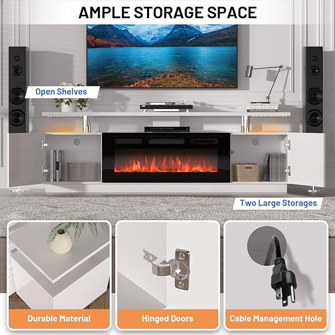 GarveeHome 70 Inch Fireplace TV Stand with 36 Inch Electric Fireplace, 12 Colors LED Lights, 750W/1500W for Max 80 Inch TV, 2 Tier Storage 2 Door Cabinet