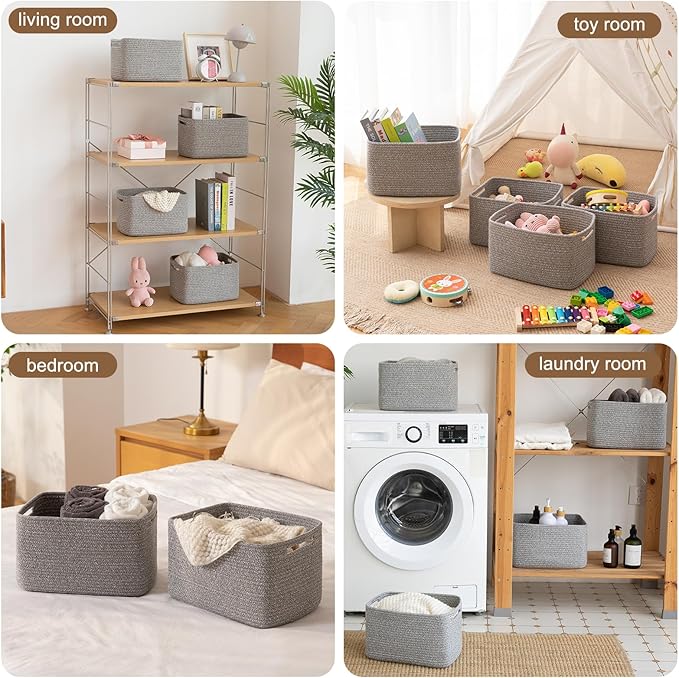 Storage Baskets for Organizing, Woven Decorative Baskets for Shelves - Books, Towels, and Clothes, Cotton Rope Toy Storage Bins, 12.7''Lx9''Wx7.8''H, Pack of 4, Grey