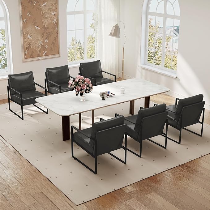 Phoenix Home PU Leather Accent Chair Set of 6, Leisure Metal Framed Armchair with Extra Soft Padded and Cushion, 105 Degree Slant Back, Modern Reading Arm Chair for Living Room/Office/Bedroom, Black