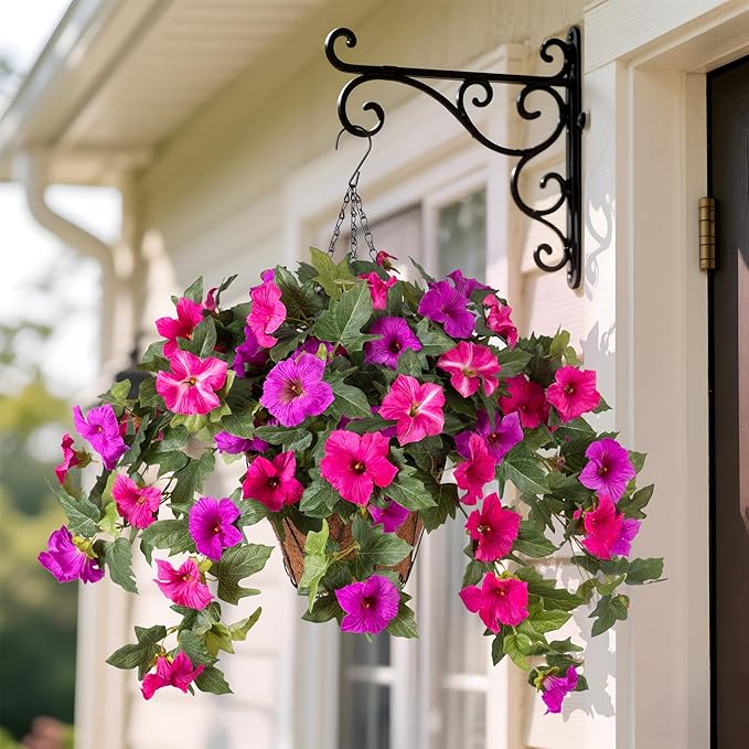 Artificial Faux Flowers Planter for Outdoor Decoration, 2PCS Fake Silk Petunias Flowers, No Fade UV Resistant Flower for Outside Garden Porch Yard Balcony Patio Realistic Indoor Decor(Fuchsia)