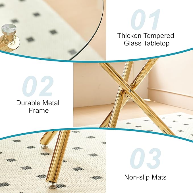 Kitchen Table Classic Dining Table for 4 Round Glass Dining Table 35.4" Kitchen & Dining Room Tables with Metal Legs and Glass Tabletop for Dining Room and Apartment, Golden