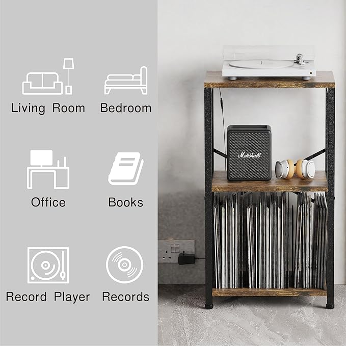 End Table with LED Light,Record Player Stand with Albums Storage,Vinyl Records Storage,Turntable Stand Side Table for Music Room Studio Living Room Bedroom-Retro