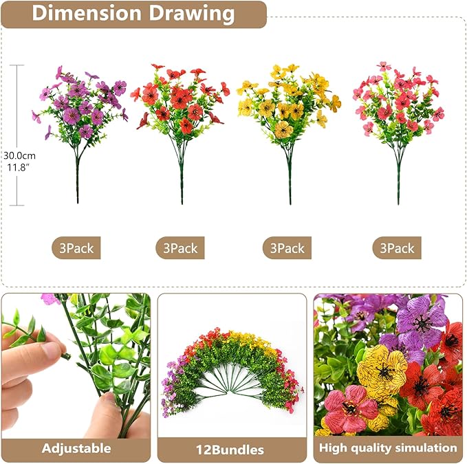 Artificial Flowers Faux Plants Outdoor Fake Flowers Spring Decor,12 Bundles Outdoor Flower Plastic Plant Colorful Daisy UV Resistant for Porch Patio Yard Garden Pot Planters