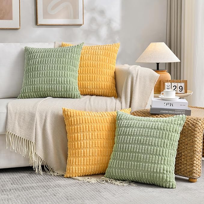 Fancy Homi Set of 4 Summer Boho Decorative Throw Pillow Covers 18x18 Inch for Couch Bed Sofa, Sage Green Yellow Room Decor, Soft Fuzzy Fluffy Cozy Corduroy Textured Cushion Case 45x45cm