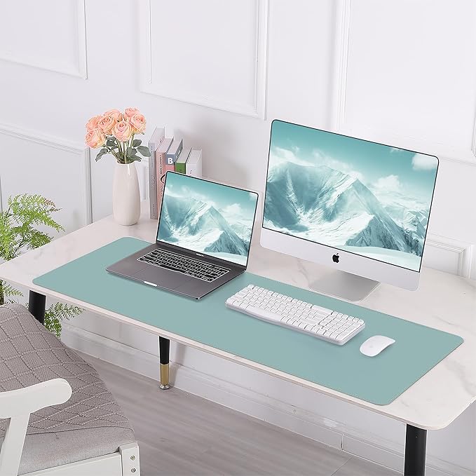 Leather Desk pad Protector, Large Desk mat with Natural Cork & PU Leather,Mouse pad,Non-Slip Office Desk Mat,Waterproof Desk Writing Pad for Office and Home (47in*23.7in, Light Blue)