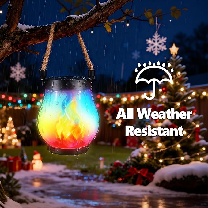 Christmas Solar Flame Lantern Hanging Outdoor Waterproof Purple - 2 Pack Flame Lanterns with Dual Charging Modes of Solar & USB for Garden or Yard Decorations (Multicolor - 1 Pack)