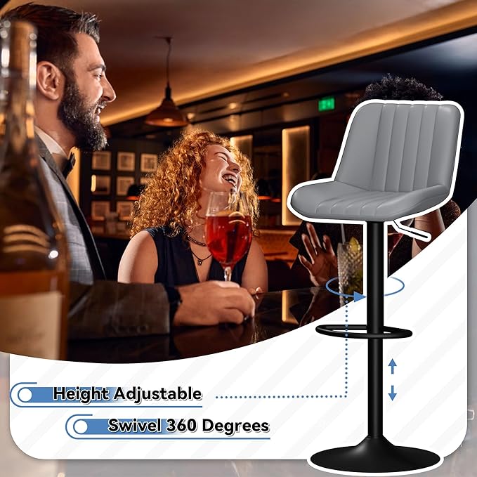 JAMFLY Bar Stools Set of 4, Swivel Bar Height Chairs Set of 4, Adjustable Tall Leather Bar Stools for Kitchen Island, Grey