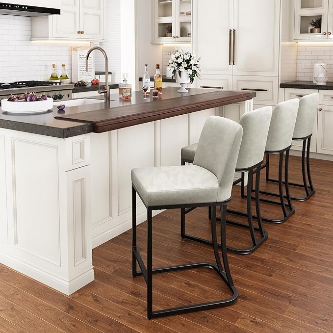 PHI VILLA Light Grey Bar Stools Set of 4, Faux Leather Counter Height Chairs, Kitchen Stools for Island, 24 Inch Barstools with Back