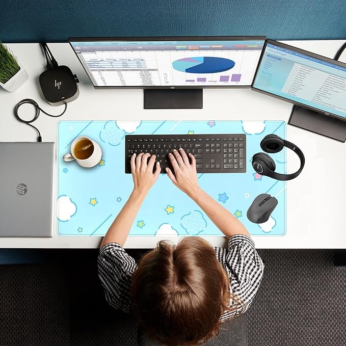 Kawaii Pastel Blue Star Grid Desk Pad, Large Gaming Mousepad & Keyboard Mat, XXL Office Desk Decor for Women, 31.5"x15.75"