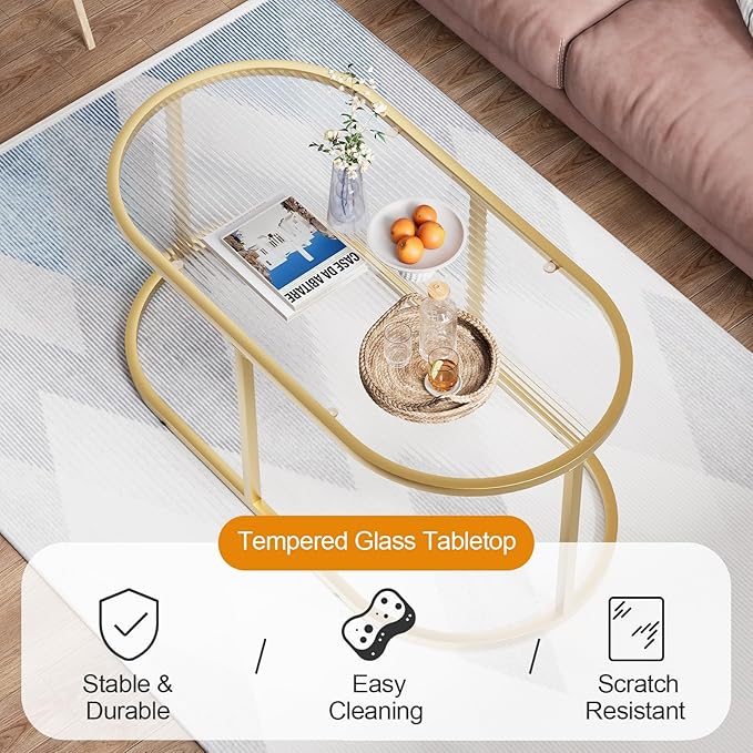 Coffee Table Gold Glass Coffee Table for Living Room, Oval Table Center Table with Ribbed Glass Top and Sturdy Metal Frame,Modern Glass Accent Tables for Bedroom Home Office