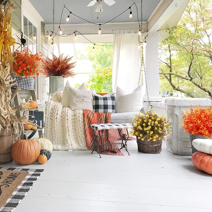 Ouddy Decor 24 Bundles Artificial Fall Flowers for Outdoor Decoration UV Resistant Fake Mums Plants Faux Boston Fern for Indoor Outdoor Garden Window Box Patio Fireplace Autumn Harvest Home Decor