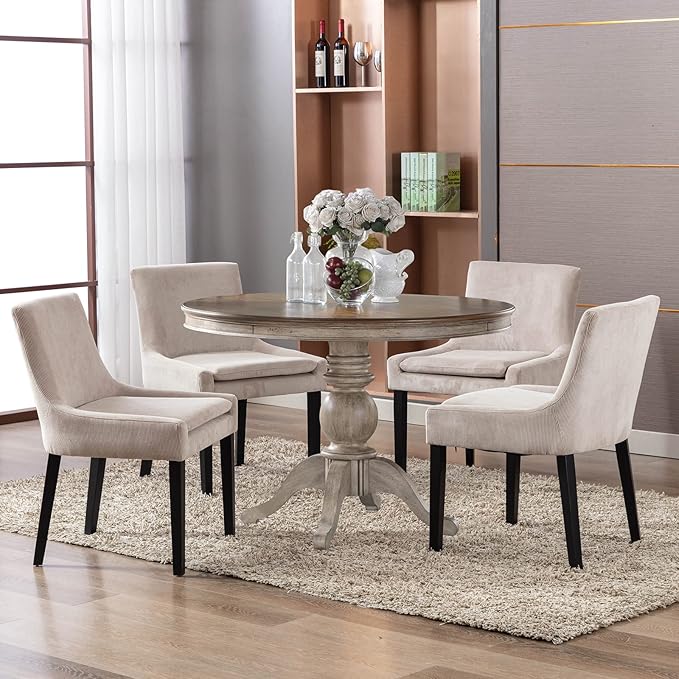 COLAMY Modern Dining Chairs Set of 4, Upholstered Corduroy Accent Side Leisure Chairs with Mid Back and Wood Legs for Living Room/Dining Room-Beige