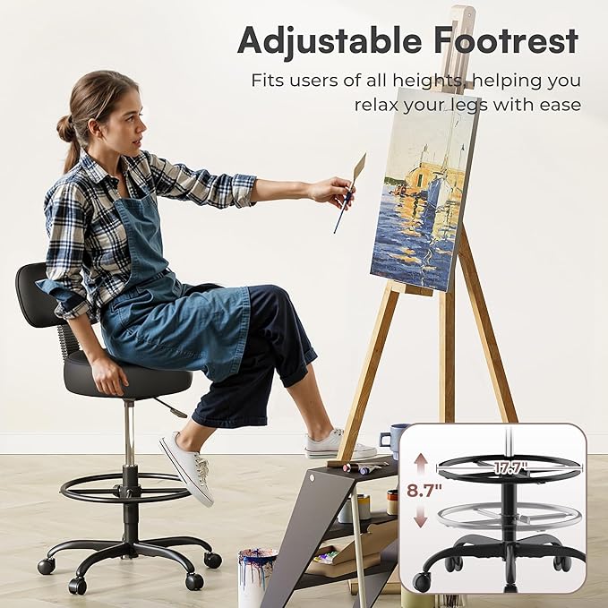 SUPERJARE Drafting Chair with Back, Adjustable Foot Rest Rolling Stool, Multi-Purpose Office Desk Chair, Thick Seat Cushion for Home Bar Kitchen Shop - All Black