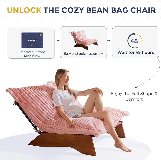 MAXYOYO Adjustable Living Room Chair, 3-Position Bean Bag Chair with Removable Cover, Upholstered Accent Chair with Frame, Soft Reclining Lounge for Bedroom, Apartment, Office, Pink