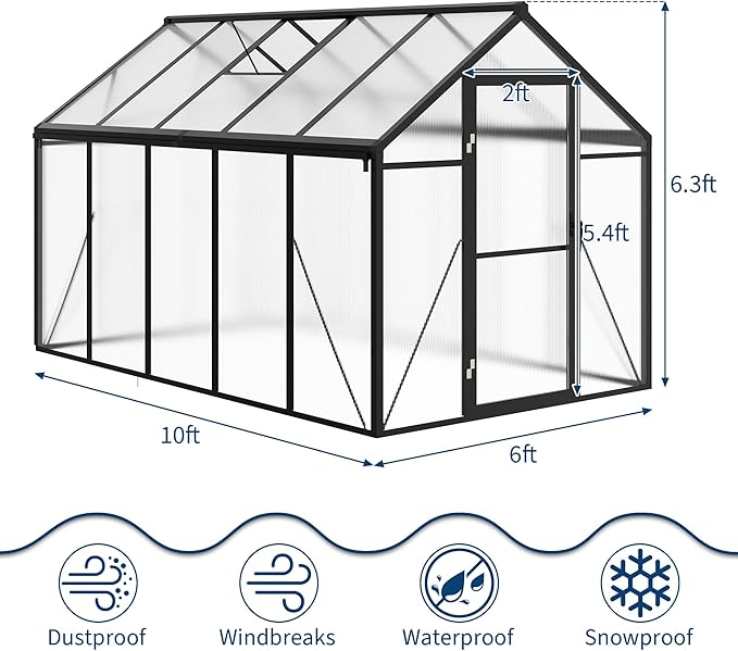 6 x 10 FT Greenhouse, Greenhouses for Outside, Polycarbonate Greenhouse with Aluminum Frame, Lockable Door and Ajustable Roof Vent for Backyard, Green Houses for Outside Garden Backyard, Patio