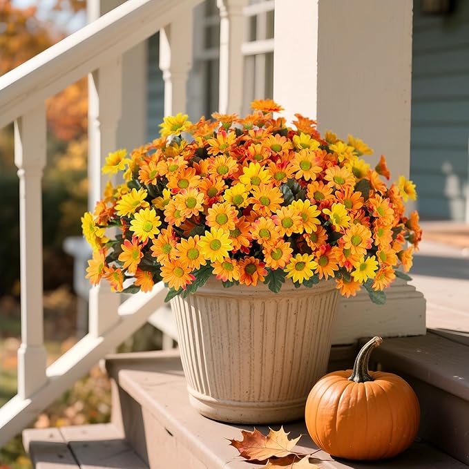 Fake Mums Fall Artificial Flowers for Outdoor Decoration, 6 Bundles Faux Silk Daisy Flowers Realistic UV Resistant No Fade Fall Fake Plants for Home Patio Porch Garden Window Box Decor(Yellow Orange)