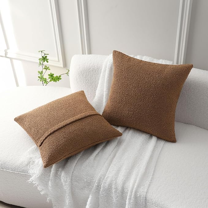 FUTEI Pack of 2 Tobacco Decorative Throw Pillow Covers 22x22 Inch Soft Cozy Solid Boucle Textured Cushion Case,Modern Home Decor for Couch Bed Living Room