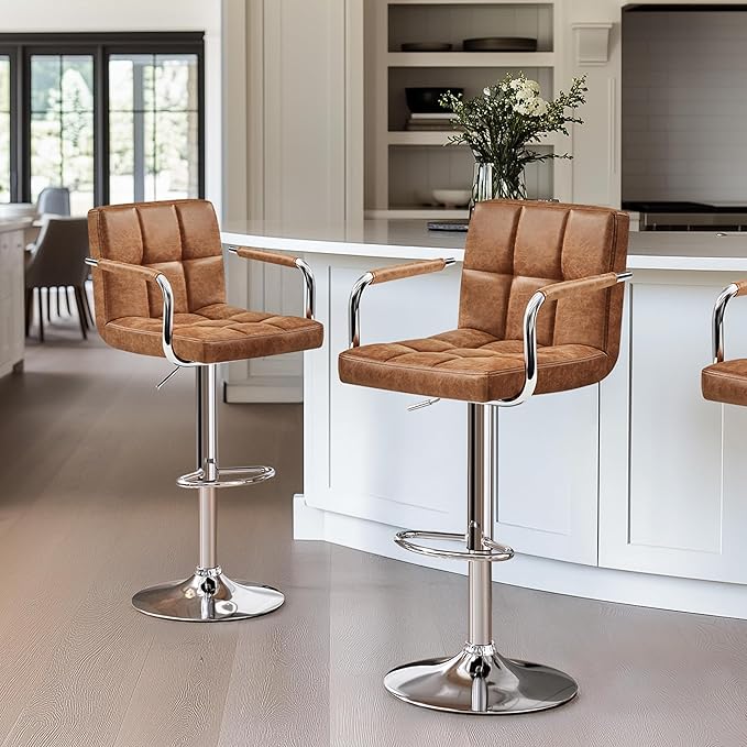 Yaheetech Bar Stools Set of 2, PU Leather Adjustable Swivel Barstools, Hydraulic Kitchen Counter Height Bar Chairs with Armrest and Back for Kitchen, Dining Room, Retro Brown