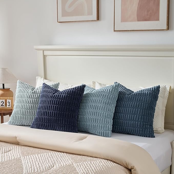 Fancy Homi Set of 4 Blue Decorative Throw Pillow Covers 14x14 Inch for Couch Bed Chair, Modern Farmhouse Boho Room Decor, Soft Fuzzy Corduroy Textured Striped Coastal Blue Cushion Case 35cm