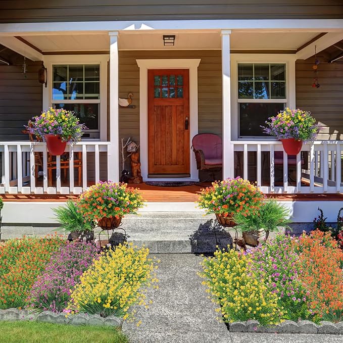 Hananona 48 Pcs Artificial Flowers Outdoor, Faux Artificial Plants UV Resistant Plastic Wild Flower Bulk for Hanging Planter Porch Window Home Wedding Summer Decor(48, Multiple Color)