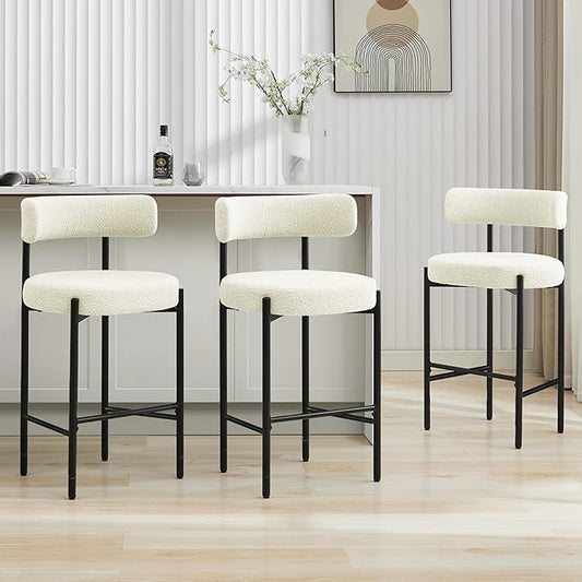28'' Boucle Bar Stools Set of 3, White Bar Stools with Backs, Counter Height Bar Height Stools for Kitchen Island, Upholstered Bar Chairs