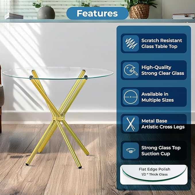 Fab Glass and Mirror 42" Flat Round Hydra Dining Table with Clear Glass Top and Gold Finish Base, Elegant Round Glass Coffee Table, Modern Glass Kitchen Table for Home, Dining Room