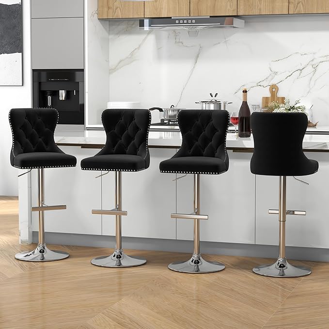 Bar Stools Set of 4, Velvet Swivel Counter Height Stools with Tufted Back, Adjustable Seat with Nailheads Trim, Upholstered Bar Chairs with Steel Base for Kitchen Island, Pub, Black