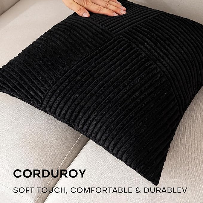 Decorative Throw Pillow Covers 18x18 Inch Set of 2 for Boho Living Room Farmhouse Home Decor, Spring Pillow Covers for Couch Bed, Soft Corduroy Striped Patchwork Cushion Cases, Black