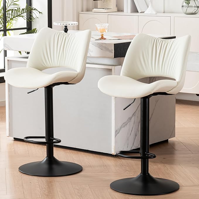 YOUNIKE Modern Bar Stools Set of 2, White PU Leather Upholstered Barstools, Swivel Adjustable Armless Counter Stool, Ergonomic Hollow Mid Backrest Bar Chair for Kitchen Island, Home Bar Counter