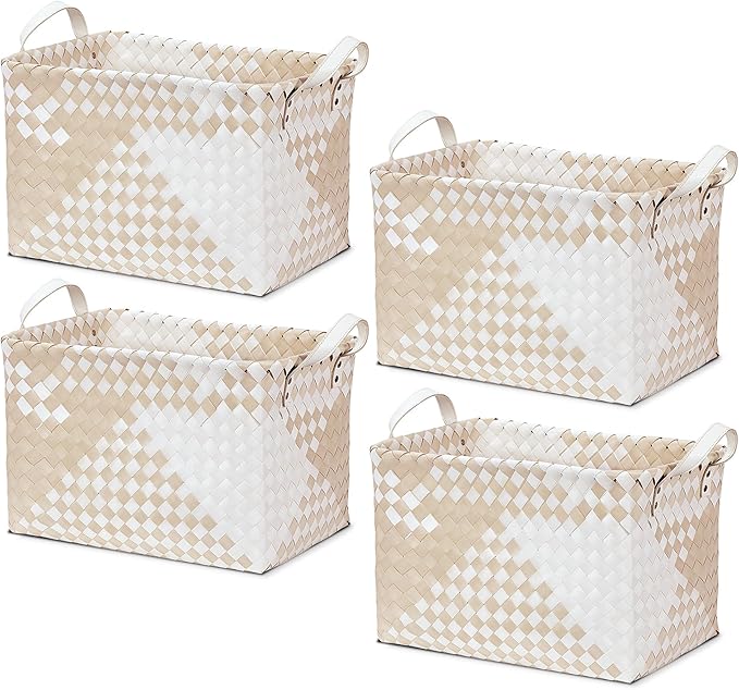 15L Laundry Baskets Waterproof Storage Baskets For Shelves Large Laundry Hamper With Leather Handle -set of 6 Cube Organizers Woven Bins for Bathroom,Bedroom,Pantry,Clothes,Car & Towels-Beige