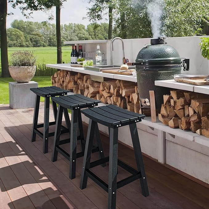 nalone 24 Inch Outdoor Bar Stool, HDPE Bar Chairs with Footrest, Weather Resistant Waterproof Bar Stools Outside Bar Height Stools for Bar, Kitchen Counter, Yard, Balcony(Black, 24'' Barstools)