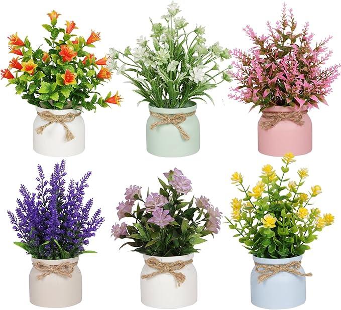 6pcs Artificial Pot Flowers Small Fake Plants with Pot Mini Potted Plants for House Office Tabletop Decoration