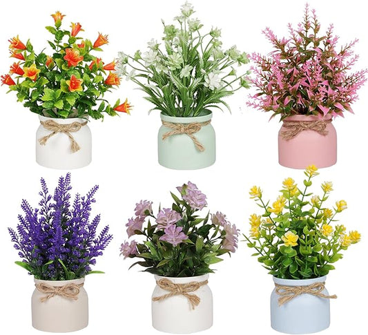 6pcs Artificial Pot Flowers Small Fake Plants with Pot Mini Potted Plants for House Office Tabletop Decoration