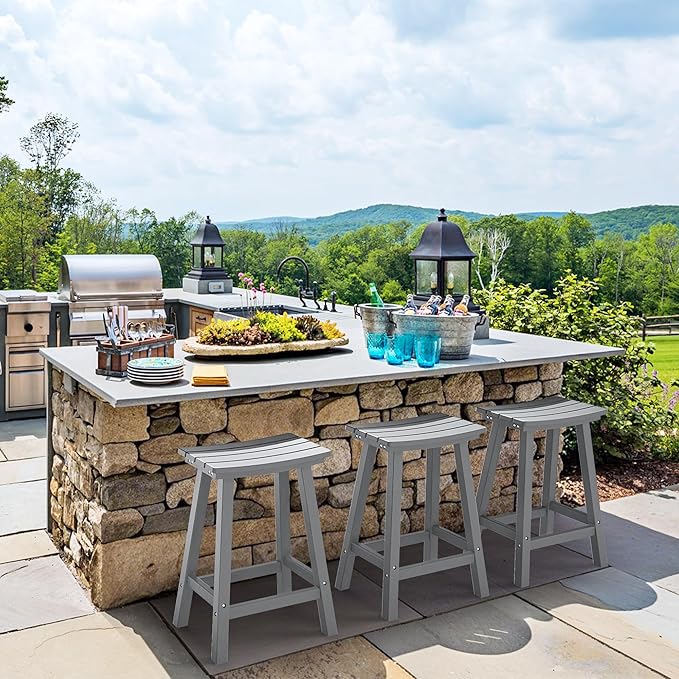 nalone 24 Inch Outdoor Bar Stools Set of 2, HDPE Bar Chairs with Footrest, Weather Resistant Barstools Outside Counter Height Stools for Patio Yard, Balcony (Grey, 24'' Barstools Set of 2)